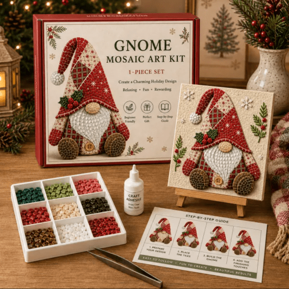 Gnome Mosaic Art Kit - Seasonal Themed DIY Craft, Handmade Christmas Decor Gift & Indoor Holiday Hobby Kit