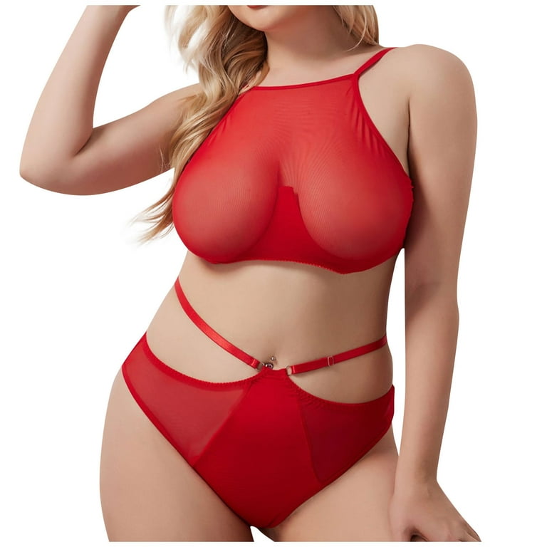 UoCefik Plus Size Lingerie for Women Sheer Mesh See Through Solid Teddy  Halter Sexy Bra and Panty Sets 