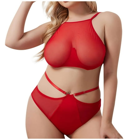 

DENGDENG Women Plus Size Sheer Mesh Lingerie for Women See Through Underwire Sexy Halter Bra and Panty Set
