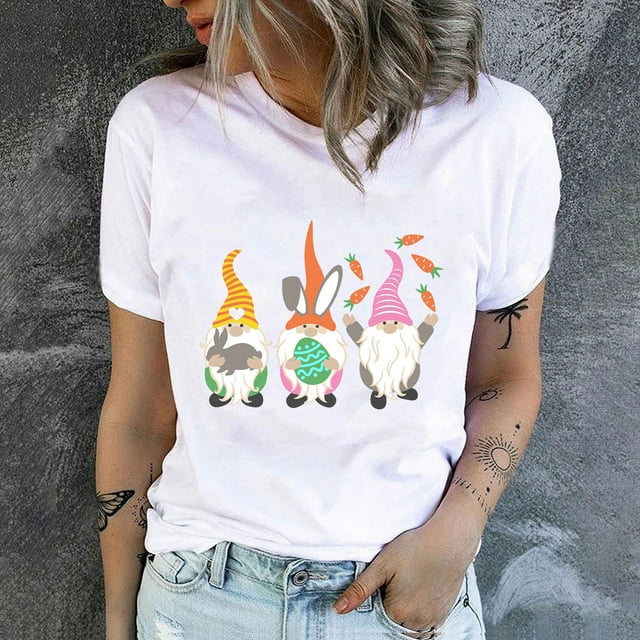 Daisyyozoid Women's Happy Easter Shirt Crewneck T Shirts Rabbit Print Tees Short Sleeve Blouse Tops