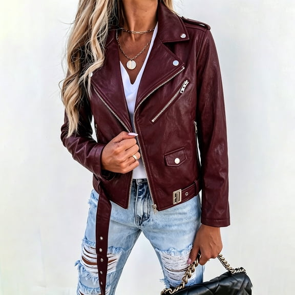 Aimik Women's Faux Leather Moto Jacket Classic Asymmetrical Zip-Up Biker Coat with Belted Waist and Pockets Slim Fit Fall Outerwear