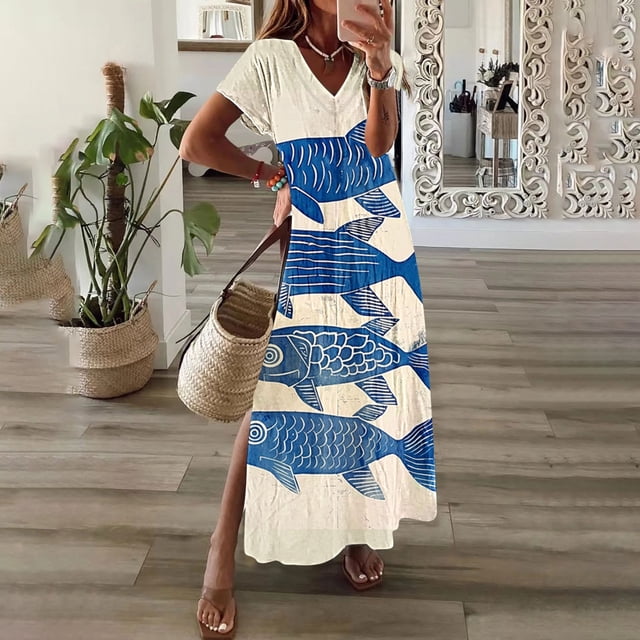 Amzcrzy Robes pour Femmes Robes Grande Taille pour Femmes aux Formes Robes pour Femmes Printemps et Été Col en V Uni Décontracté Manches Courtes Longue Robe Robe d'Été Robes de Printemps