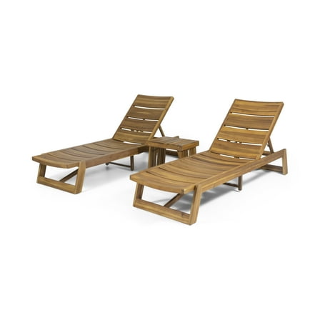 GDF Studio Karyme Outdoor Acacia Wood 3 Piece Chaise Lounge Chat Set, Teak and Yellow