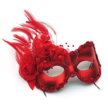 Annette Red Feather and Flower Women's Masquerade Mask