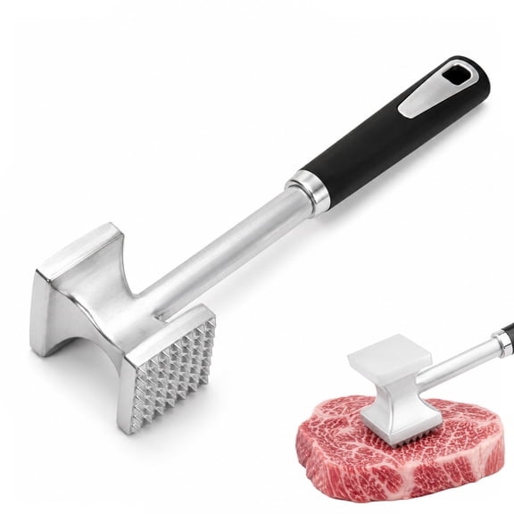 Meat Tenderizer Hammer, Heavy Duty Dual-Sided Kitchen Mallet with Soft Grip Handle, Solid Metal Meat Pounder for Steak, Chicken, Pork, Garlic and Kitchen Prep, Black