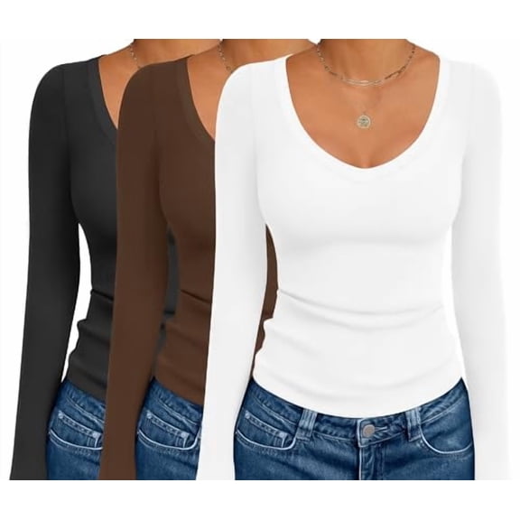 Ekouaer 3 Pack Long Sleeve Shirts for Women Deep V Neck Basic Thermal Tops Base Layer Undershirts