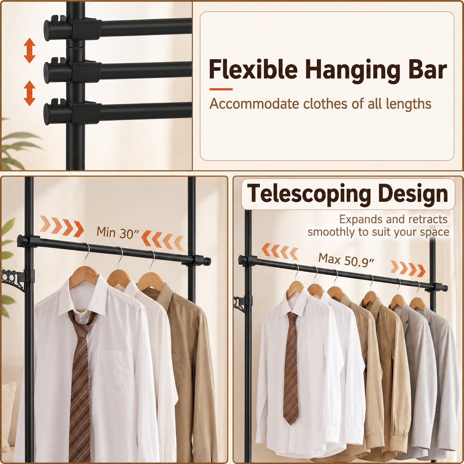 Furnibear Adjustable Floor to Ceiling Clothes Rack with 2 Hanging Rods Telescoping Garment Closet Organizer for Bedroom Entryway, Black