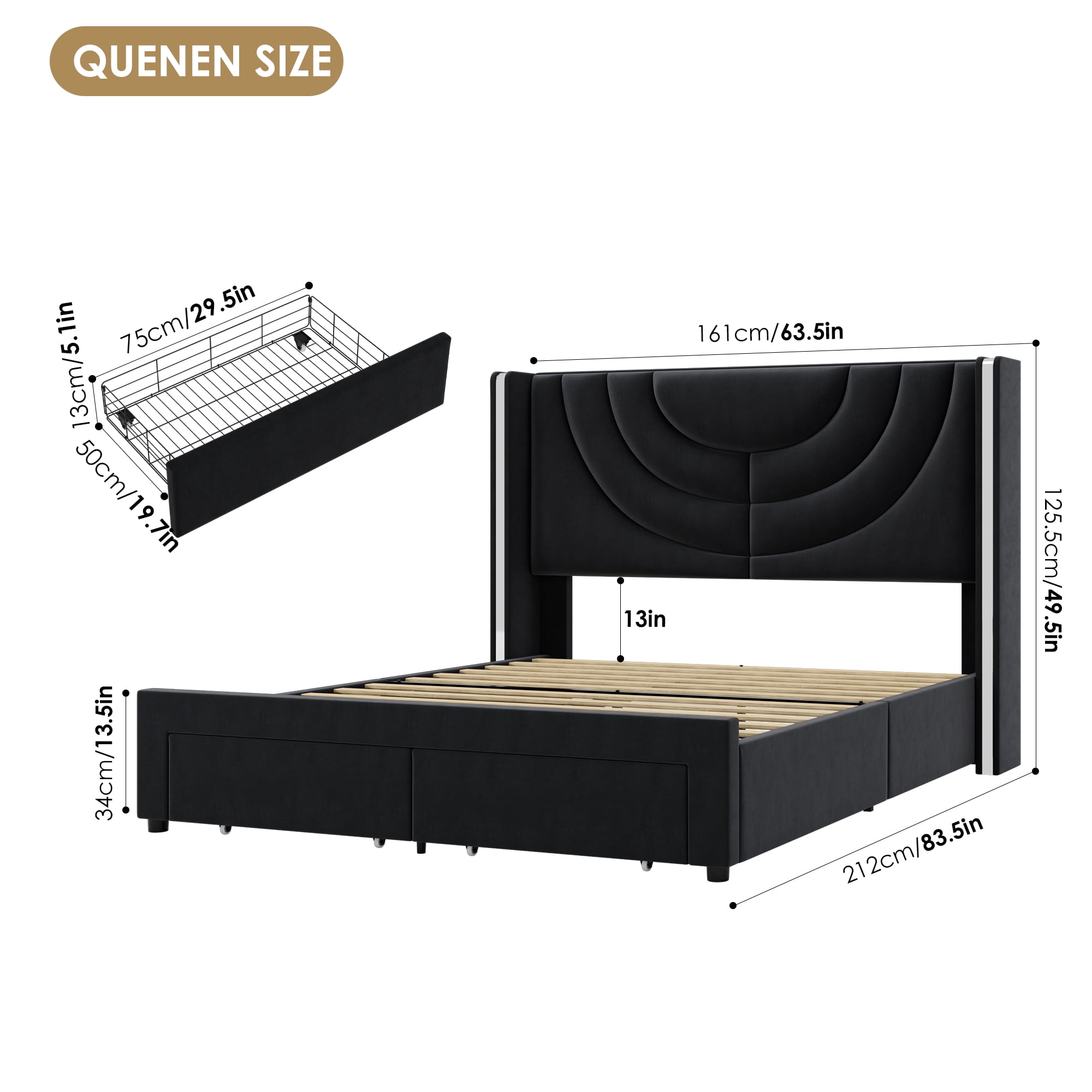 Homfa Queen Size LED Bed Frame with 2 Drawer Storage, Wingback Platform Bed with Velvet Upholstered Headboard, Black