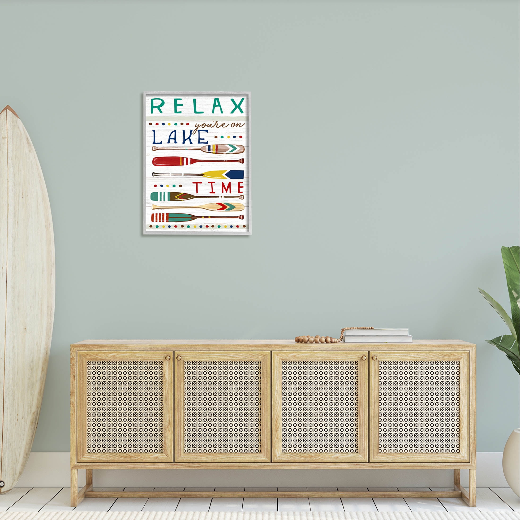 Stupell Industries Relax Lake Time Rustic Oars Graphic Art Gray Framed Art Print Wall Art, Design by Elizabeth Tyndall