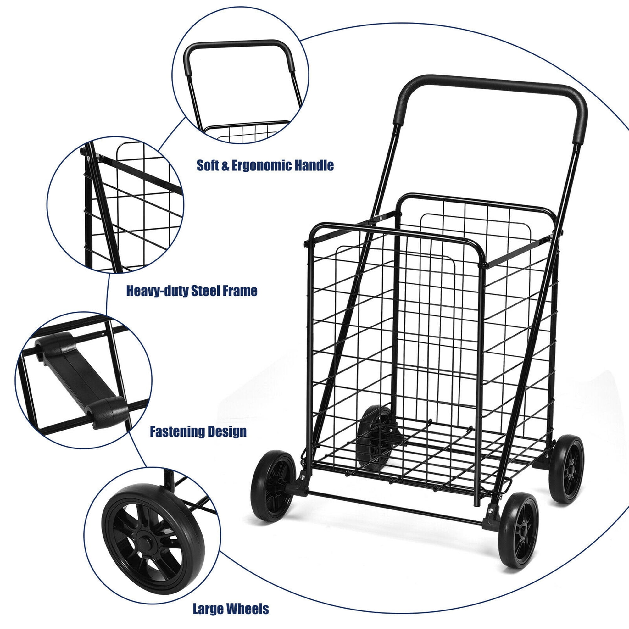 Gymax Folding Shopping Cart Utility Trolley Portable For Grocery Laundry Travel Black