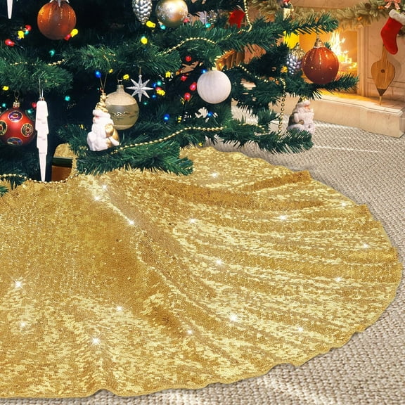Small Christmas Tree Skirt, Sparkle Sequin Tree Mat for Xmas Party Decor