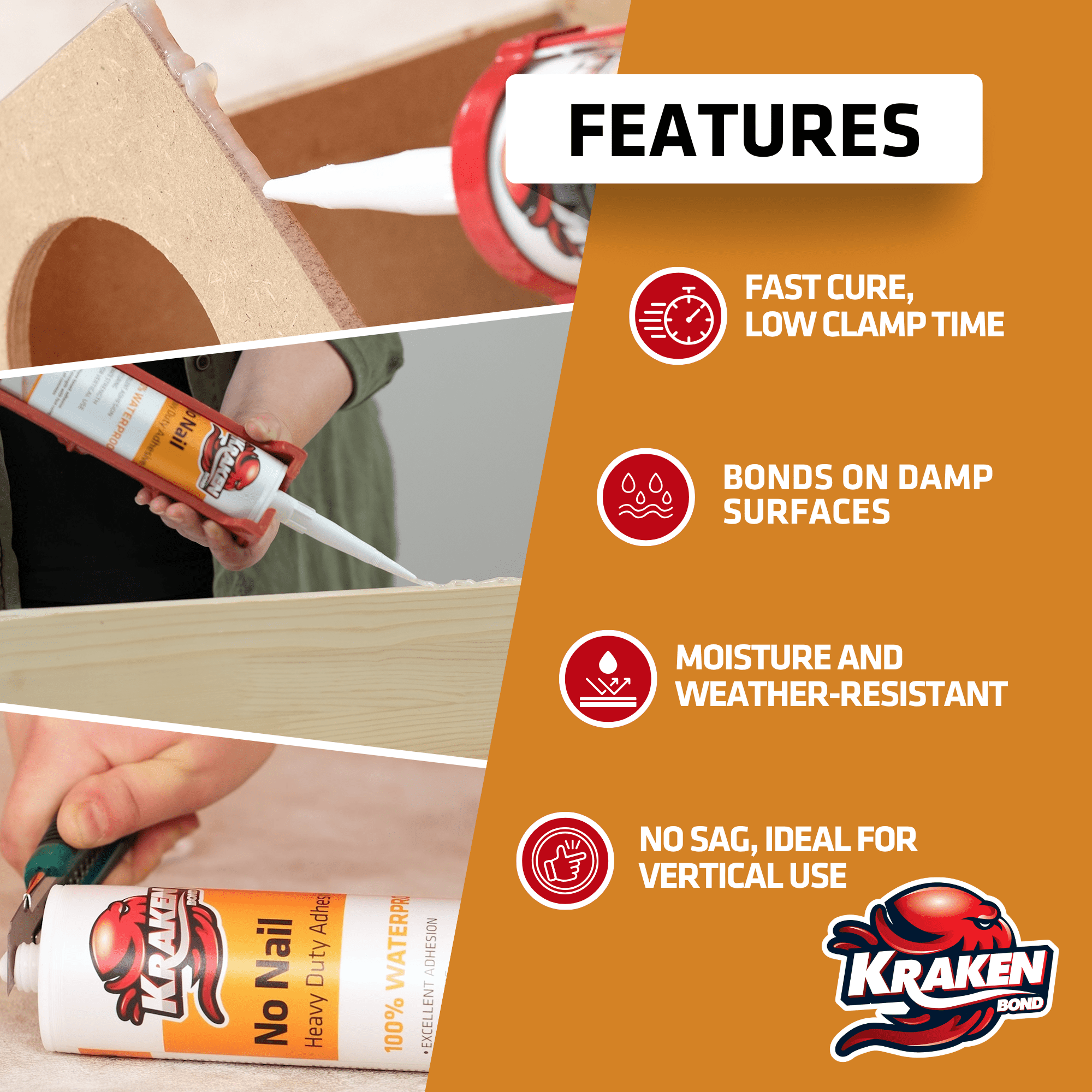 Kraken Bond Ultra Grab No Nail Heavy Duty Polyurethane Adhesive - Clear, 10.1 fl oz-12 Pack