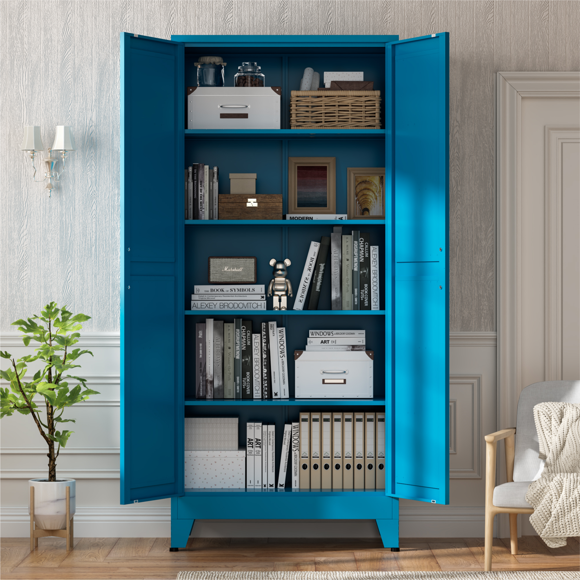 CHSHIN Metal Kitchen Pantry Cabinet, 71" Blue Farmhouse Storage Cabinet with 2 Vintage Barn Doors and 4 Adjustable Shelves, Rustic Freestanding Cupboard for Kitchen