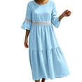 thumbnail image 2 of QUNYINEY Blue Plus Size Dresses for Women Faux Cotton Linen 3/4 Sleeve Long Casual A Line Dress Crew Neck Flowy Lace Loose Fit Dresses, 2 of 8