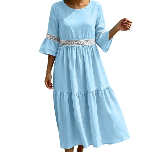 Bosfbaoi Maxi Dresses for Women Round Neck 3/4 Bell Sleeve Lace Trim Tiered Flowy Boho Long Dress