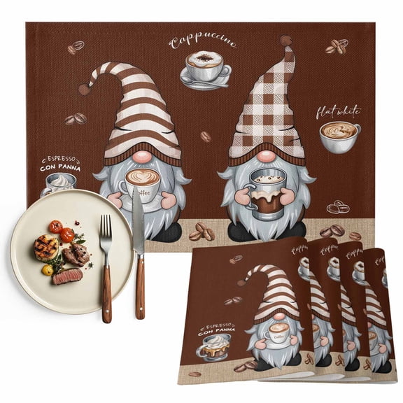 Placemats Set of 6, Coffee Cup Gnome Place Mats Coffee Beans Brown Tablemats Washable Placemat Table Decoration for Kitchen Table Dinner Party Home Decor Indoor Outdoor 13x19 Inch