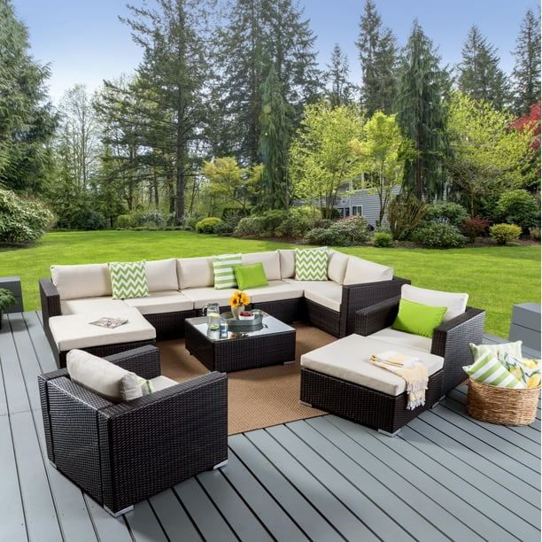 Noble House Outdoor 8 Seater Wicker Sectional Sofa Set with Cushions