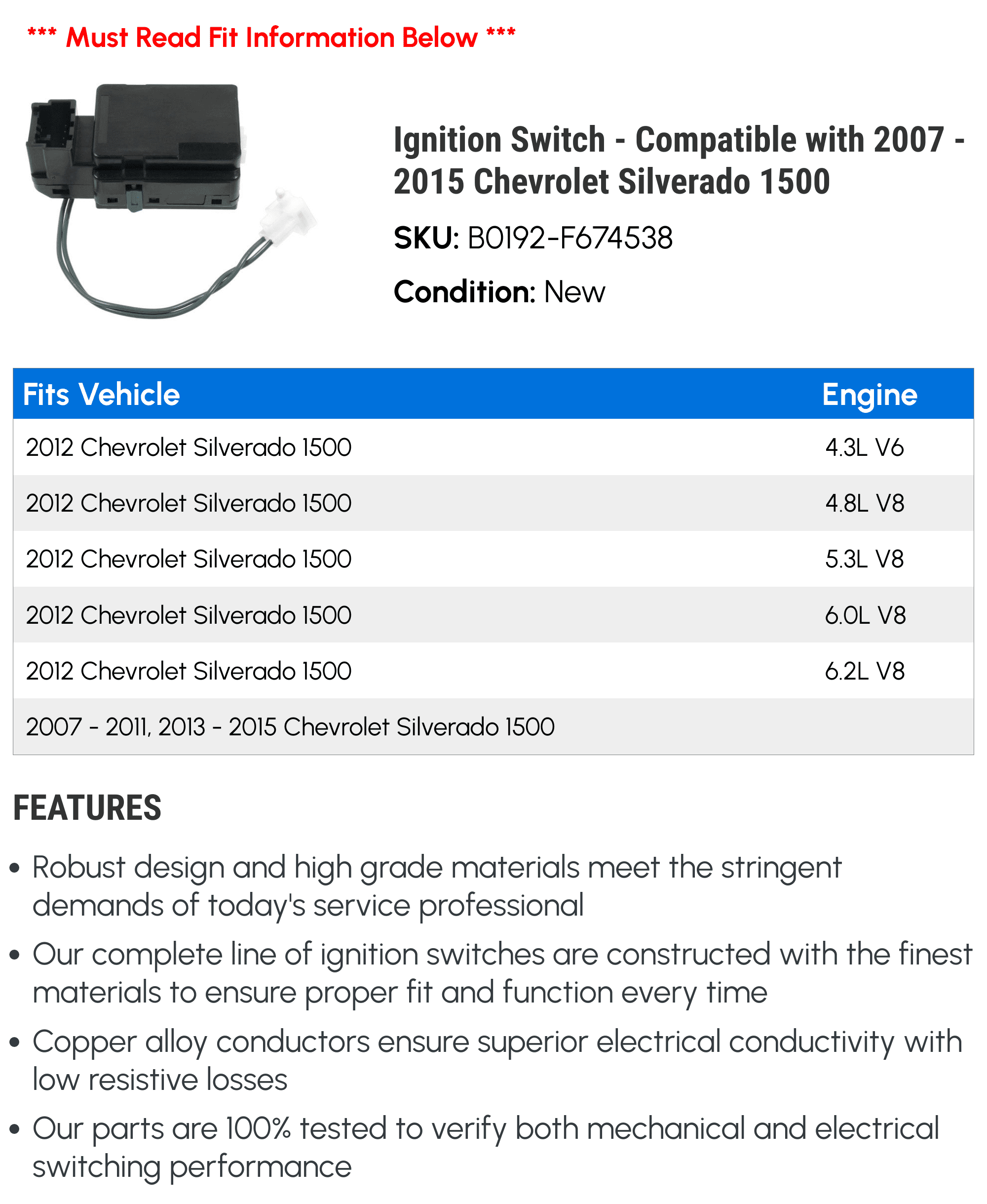 Ignition Switch - Compatible with 2007 - 2015 Chevy Silverado 1500 2008 2009 2010 2011 2012 2013 2014