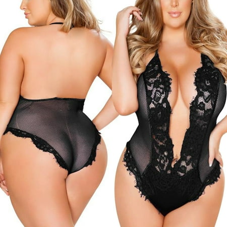 

DENGDENG Women Sexy See Through Lingerie V Neck Bodysuit Plus Size Eyelash Lace Deep V Neck Teddy Jumpsuit
