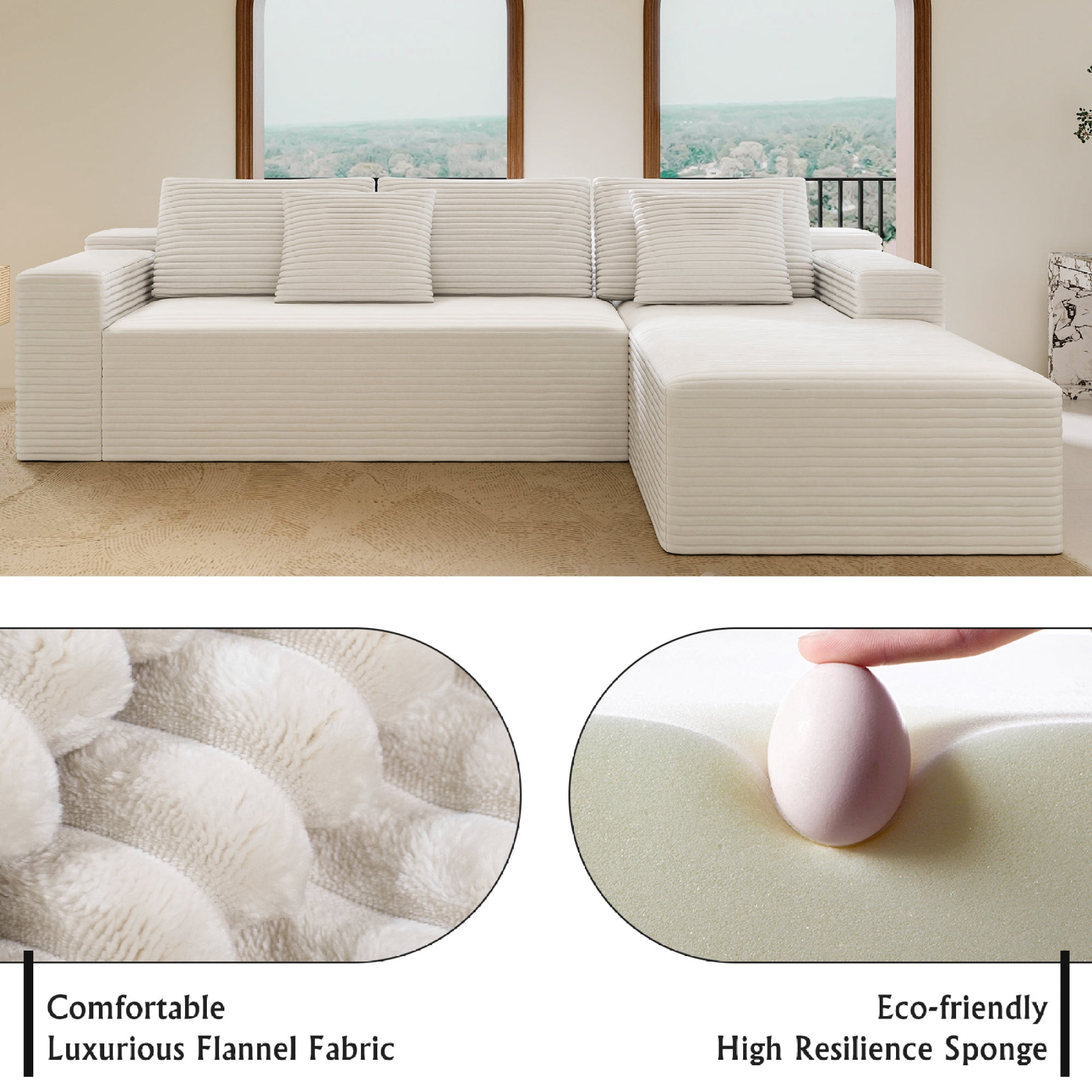 104" Modular Sectional Sofa,Oversized L-Shape Cloud Couch,Modern Corduroy Sleeper Couches Boneless Couches for Living Room,Bedroom,Apartmen,No Assembly Required,White-Right Chaise