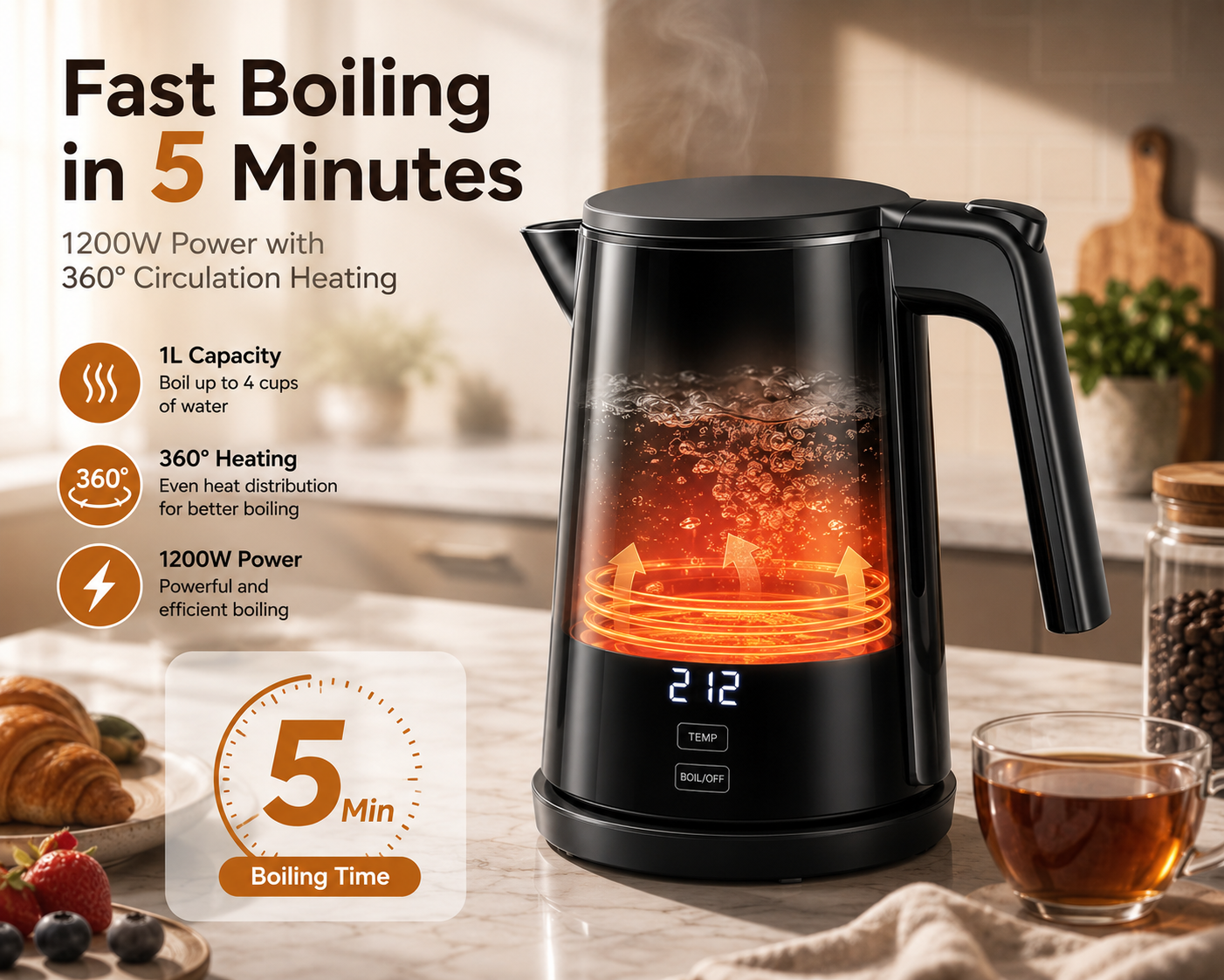 Amumu Electric Kettle 1L with Temperature Presets, Black photo 4