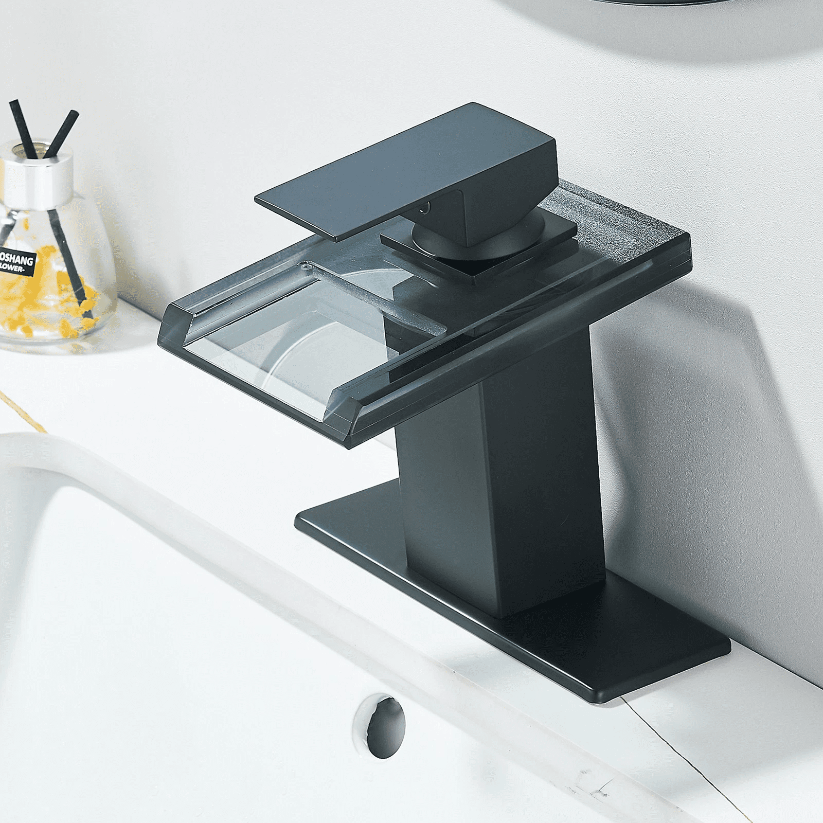 Zovajonia Bathroom Sink Faucet, Matte Black Waterfall Single Handle Vanity Faucets 1 Hole with Pop Up Drain and 2 Water Supply Lines, Open Glass Spout