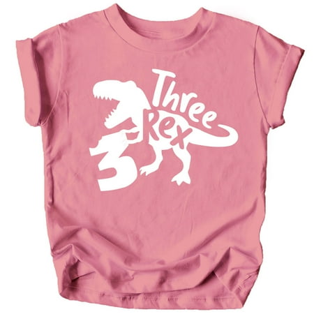 

Three Rex T-Rex Chomp 3rd Birthday T-Shirts for Baby Girls and Boys Third Birthday Outfit White on Mauve Shirt 4T