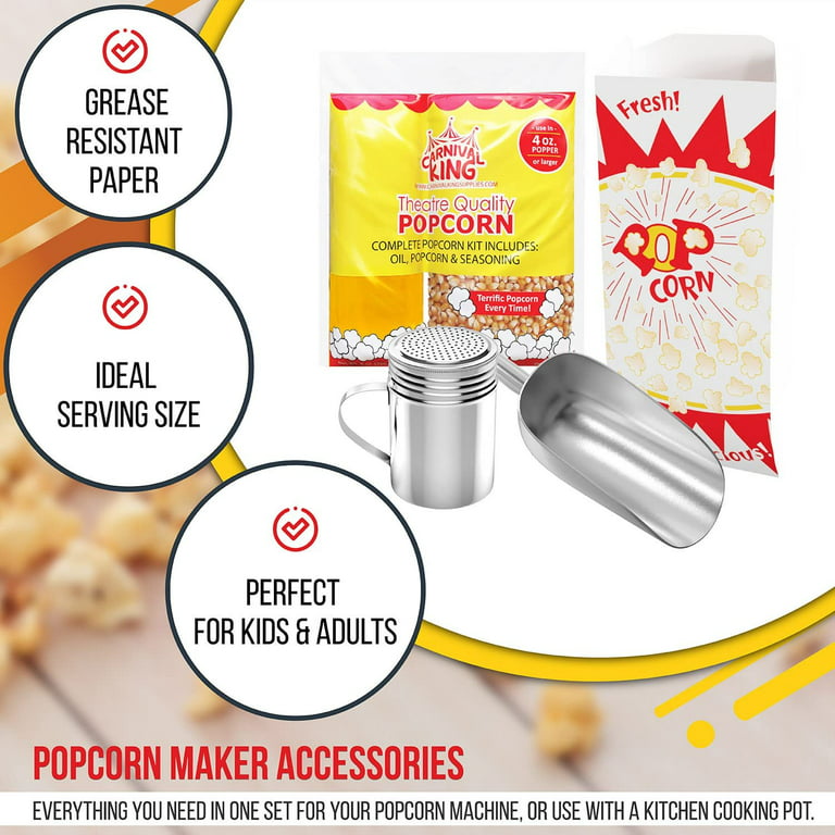 Popcorn Machine Supplies Set, 5 Bags Of Popcorn Kernels Kit Large Butterfly  Kernels, Salt Seasoning, and Popcorn Oil, 100 Popcorn Bags 1 oz. Paper, 1  Popcorn Scoop, 1 Popcorn Season Salt Shaker 