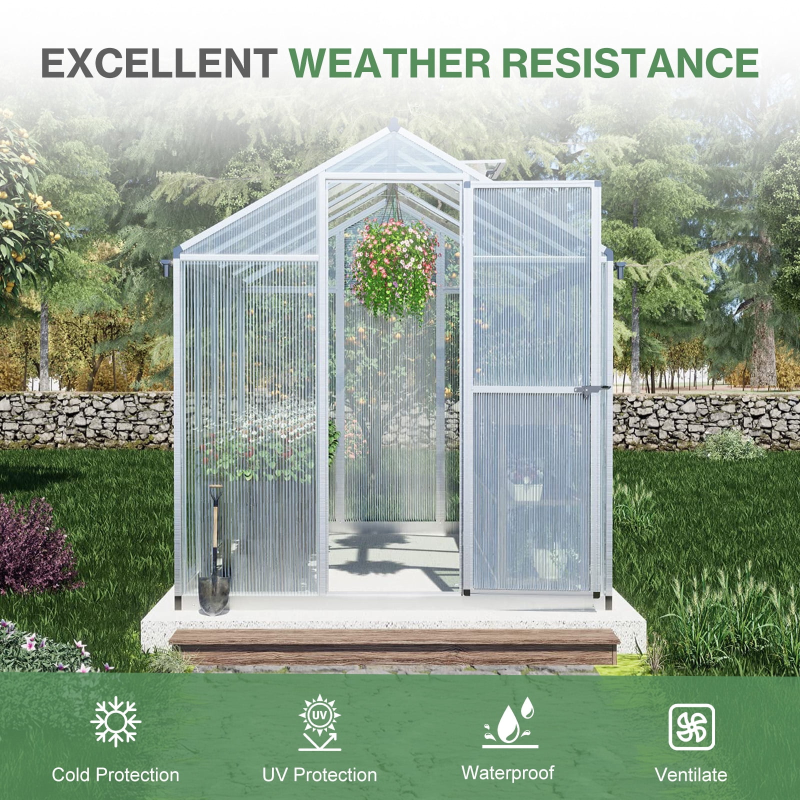 Aoodor 6' x 8' Outdoor Greenhouse, Walk-in Polycarbonate Greenhouse with Aluminum Frame for Outside Backyard, Silver