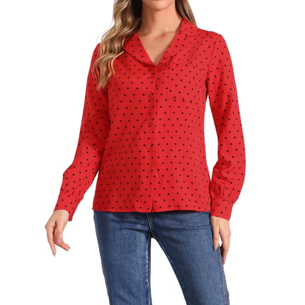 INSPIRAR CHIC Camisas de Manga Larga Estampadas de los Años 50 para Mujeres con Lunares de Corazón XL Rojo Oscuro