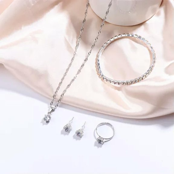MATROOY 4Pcs/Set Luxury Women Ring Necklace Earrings Rhinestone Bracelet Jewelry Set WY4-silver With Bracelet