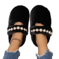 thumbnail image 4 of EKVAHL Women's Faux Fuzzy House Slippers, Pearl Strap Open Toe Slides, Soft Plush Bedroom Home Daily Leisure Indoor Casual Slippers Black, 4 of 5