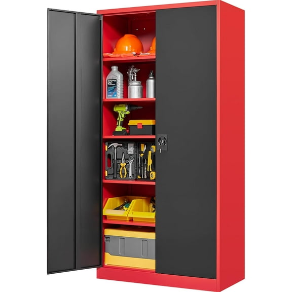 SISESOL Wide & Deep Metal Storage Cabinet with Lock & 5 Adjustable Shelves,72" Red Black Garage Storage Cabinet with Locking Doors,Lockable Cabinets for Home,Office,Shop,Garage,Basement 72x36x18