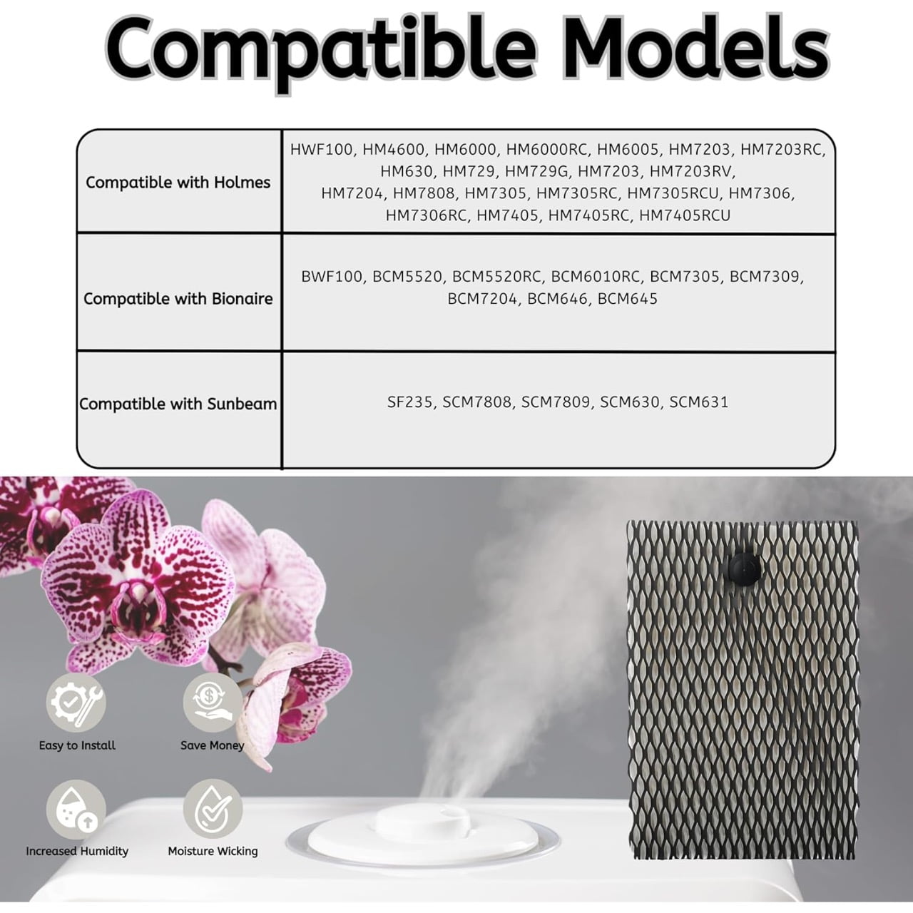 Nispira HWF100 Super Wick Humidifier Filter Replacement for Holmes Bionaire Sunbeam HM6000 HM6000RC HM6005 BCM7305 BCM7309 BCM7204 SCM7808 SCM7809, 8 Pack