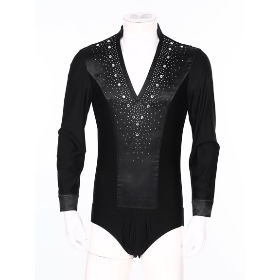 Raenseen Men's Sparkly Rhinestones Latin Dance Shirt Leotard V Neck Long Sleeve Figure Skating Black M