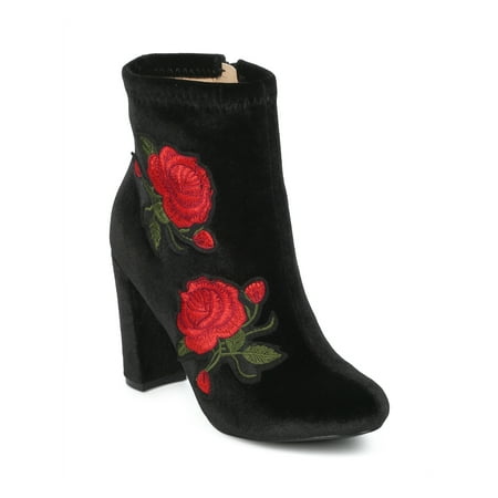 Women Velvet Embroidered Rose Patch Chunky Heel Bootie - HG16 by Liliana Collection Women Velvet Embroidered Rose Patch Chunky Heel Bootie - HG16 by Liliana Collection