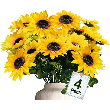 4 Pack Fake Flowers Silk Faux Sunflower Bouquet Arrangement for Vase Wedding Table Home Grave Cemetery Flowers Summer Decor