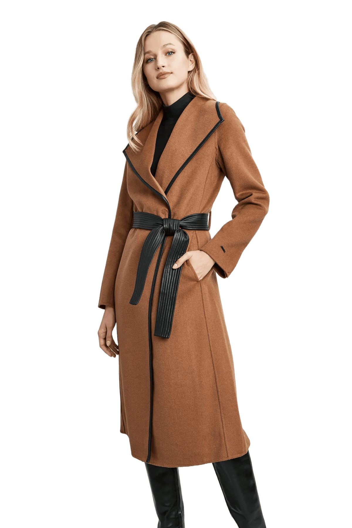 Tahari Women's Juliette Double Face Wool Belted Coat with Faux Leather Trim, Caramel, XL