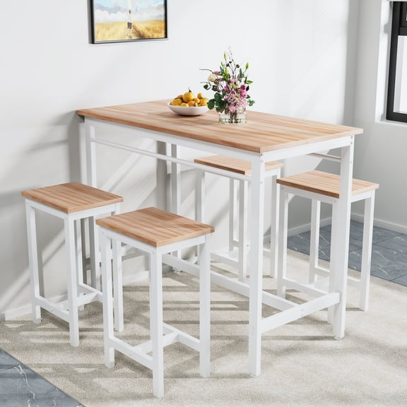 FFZ 5-Piece Modern Kitchen Table Set with 4 Bar Stools, White Oak