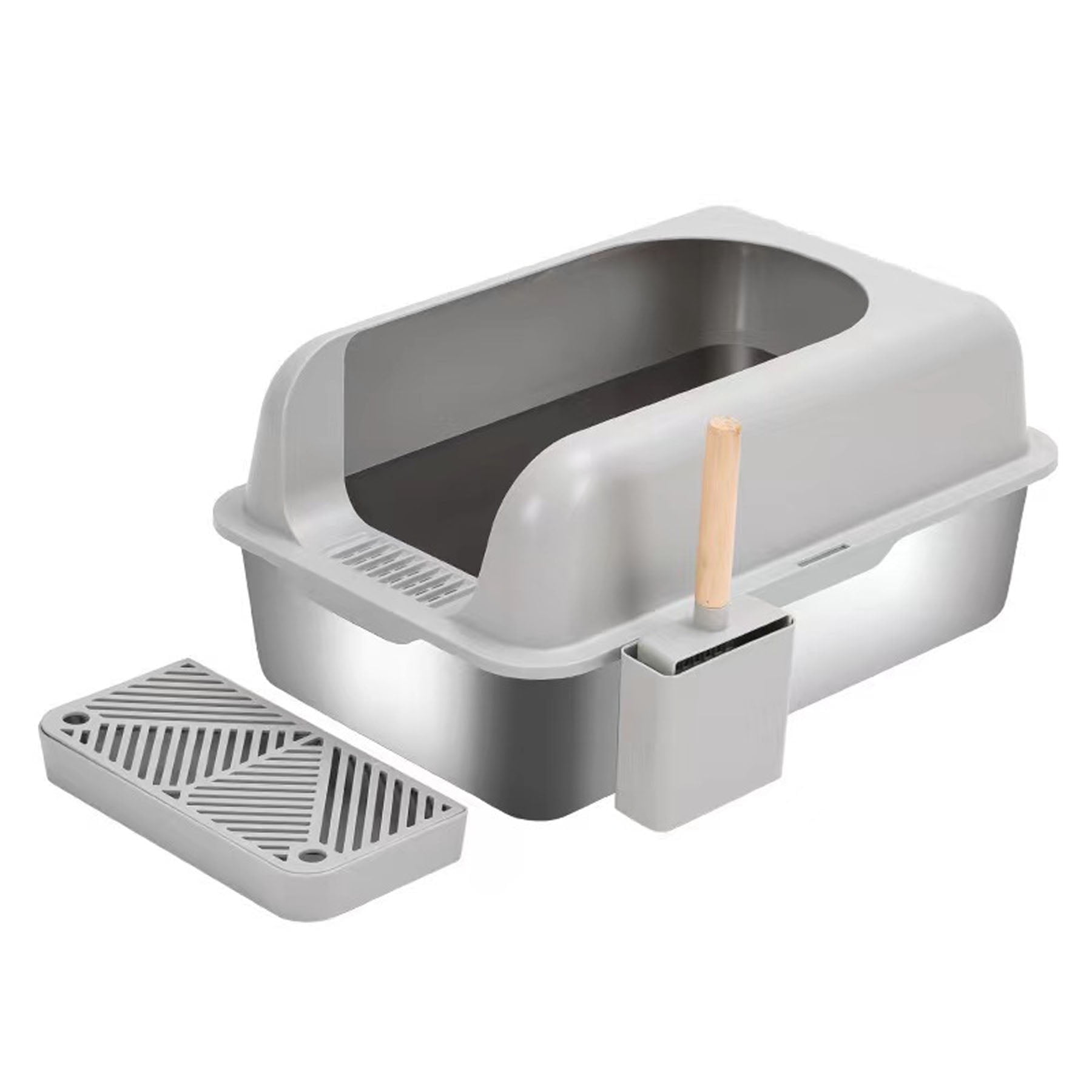 KUNWU Stainless Steel Semi-Closed Cat Litter Box 24" x 16" x 12" with Enclosure Lid, Scoop and Step, Easy Clean, Never Absorbs Odor (Anti Flash White - Rounded)