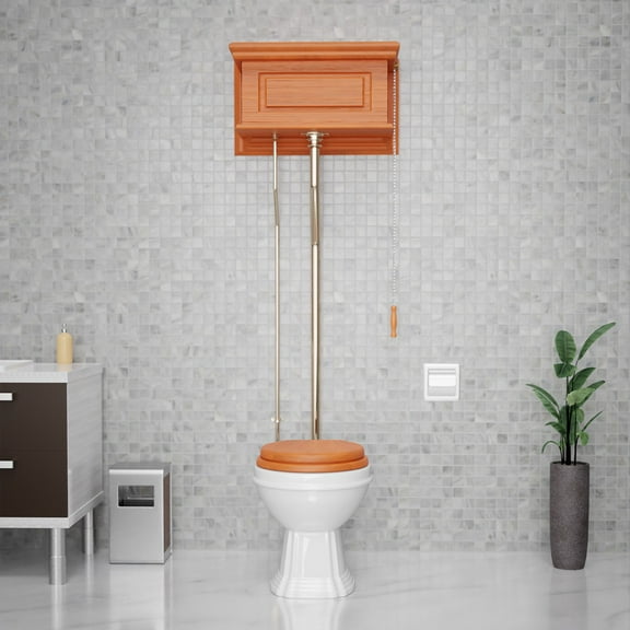 Renovators Supply High Tank Pull Chain Toilet w/Light Oak Raised High Tank 70" to 74" Adjustable Height Brass L Pipe and Elongated Toilet Bowl