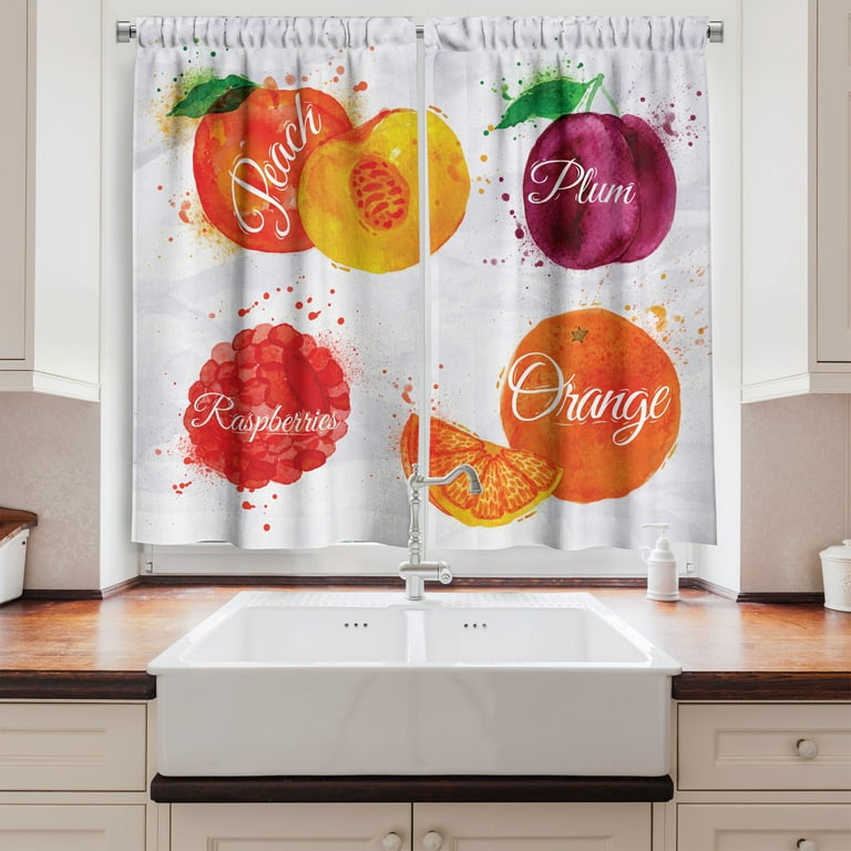 Ambesonne Peach Kitchen Curtains, Fresh Ripe Fruits in a Box, 55x45,  Apricot Dusk and White 