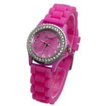 Women's Geneva PINK Platinum Silicone Rubber Jelly with CZ Crystal Rhinestones Face Bling Bezel