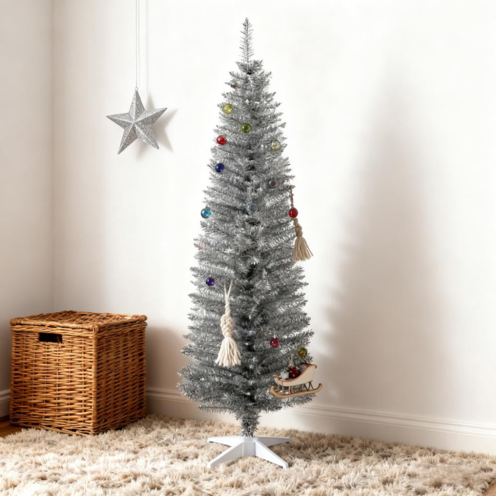 6ft Unlit Silver Pencil Christmas Tree 390 Tips Easy Assembly Plastic Base Small Space Holiday Decor