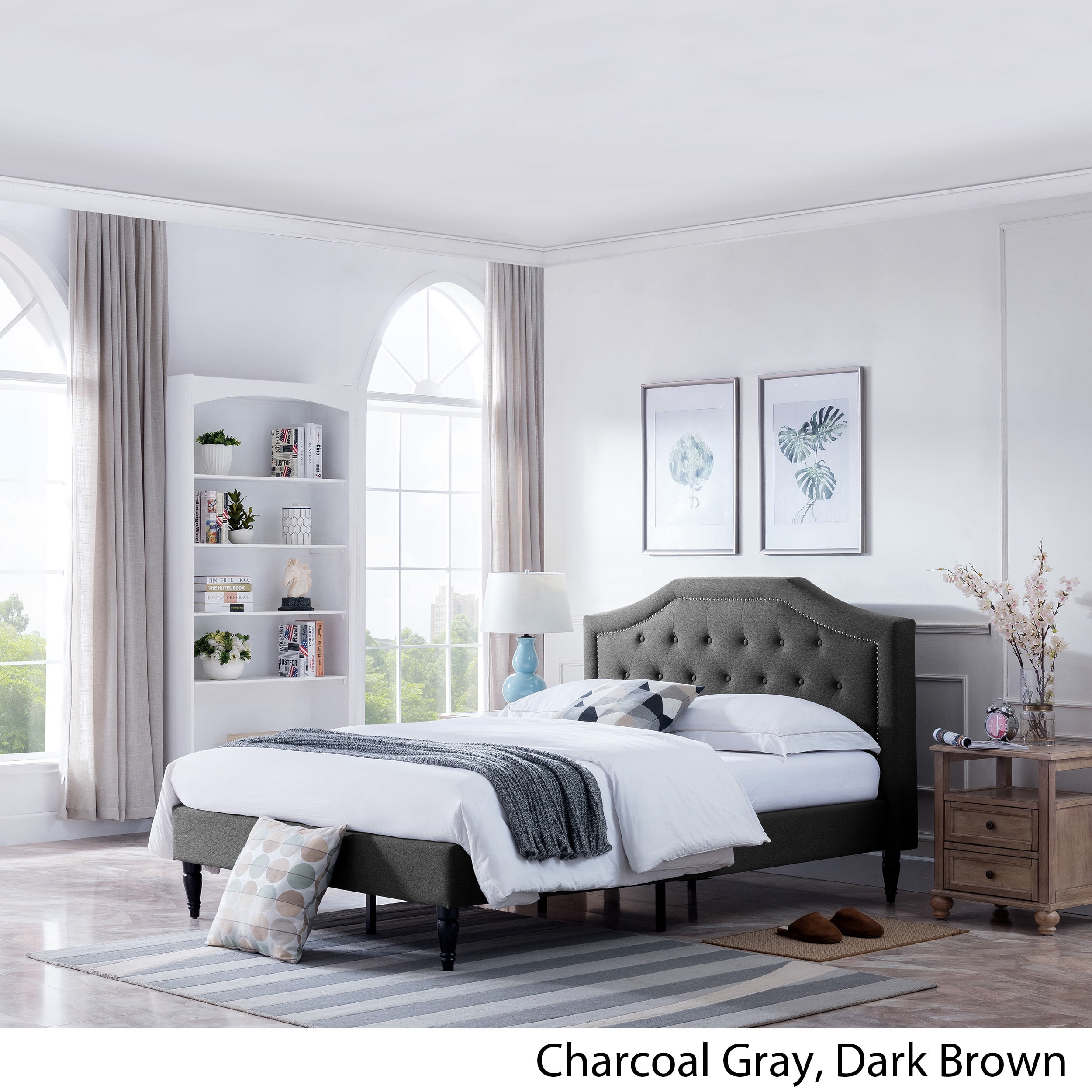 Noble House Rigley Contemporary Low Profile Fully Upholstered Fabric Platform Bed Frame, Queen, Charcoal Gray