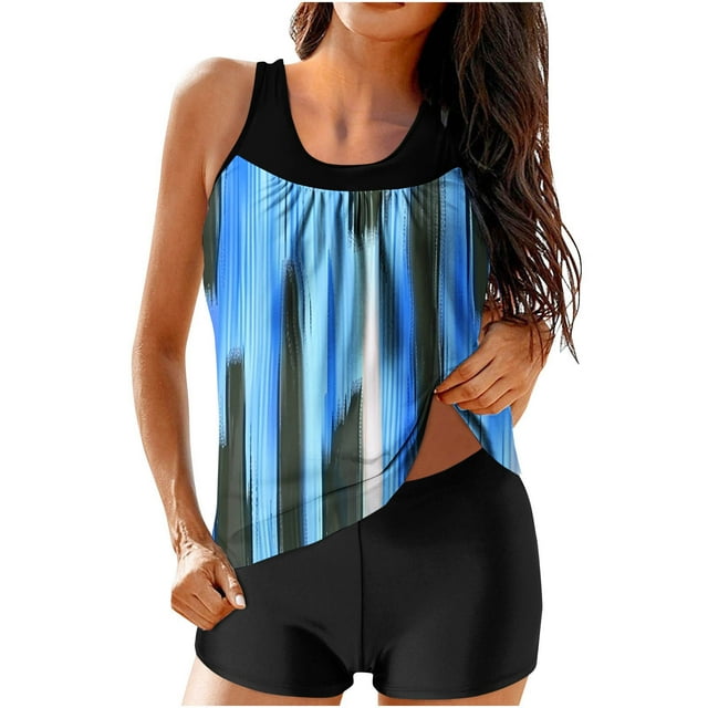 Modest Swimsuits for Women Gradient Print Back Cutout Sling Swimsuit with Skirted Top And Swim Trunks 2 Pc