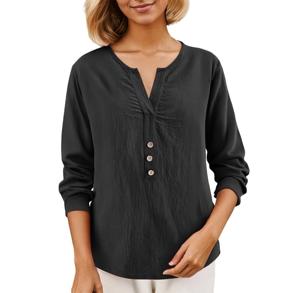VNKIDY Women Shirts Summer Solid Color Lightweight Loose Fit Blouse Long Sleeve V Neck Shirt With Button Details For Everyday Wear Stylish Tops
