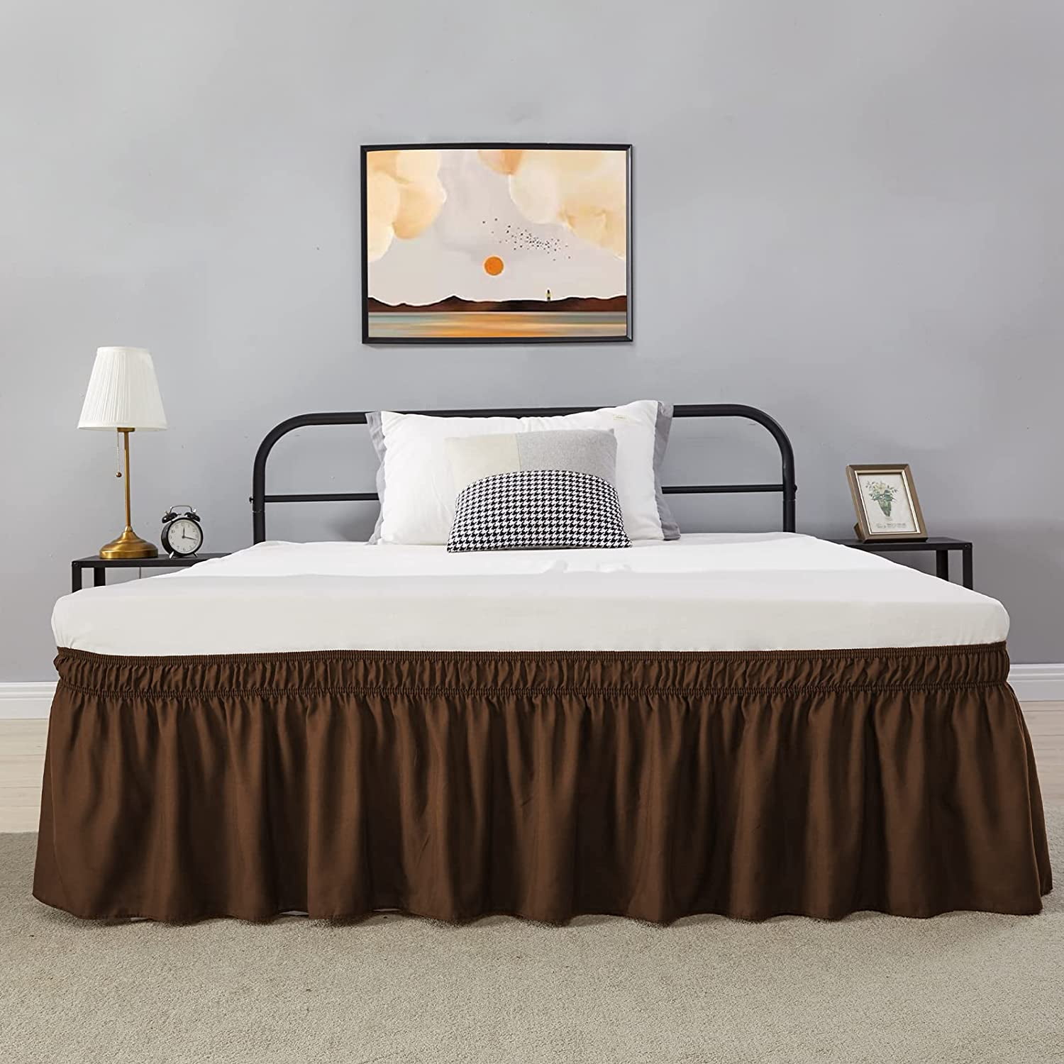 Wrap Around Bed Skirts 18" Drop, Fully Elastic Dust Ruffle, Soft and Luxury, Fade Resistant, Machine Washable Luxurious Fabric, Cal king Size - Chocolate Solid.