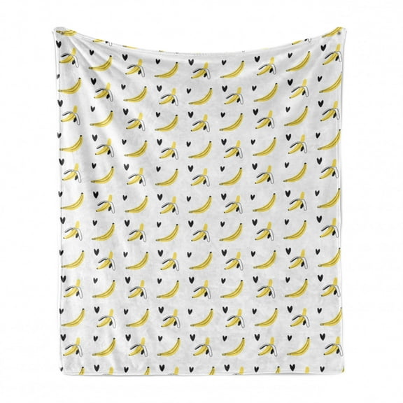 Bananas Soft Flannel Fleece Throw Blanket, Hand Drawn Doodle Style Peeled Banana and Heart Motifs Fruity, Cozy Plush for Indoor and Outdoor Use, 50" x 70", Mustard Charcoal Grey, by Ambesonne
