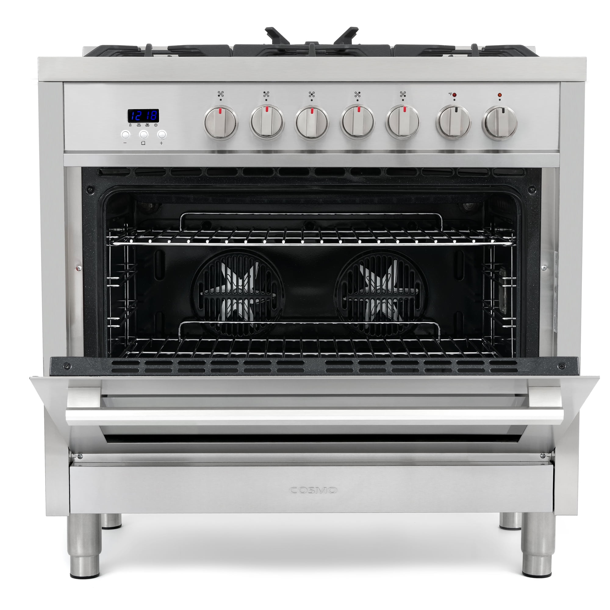 Cosmo 4 Piece Kitchen Appliance Package with 36" Freestanding Dual Fuel Range 36" Wall Mount Range Hood 24" Built-in Integrated Dishwasher & French Door Refrigerator Kitchen Appliance Bundles